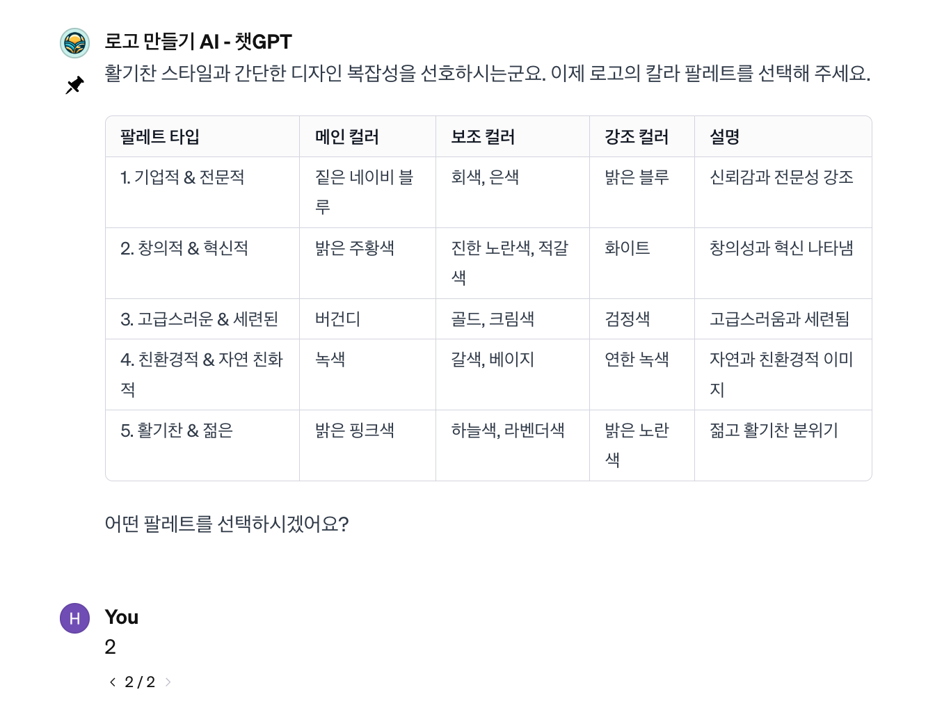 로고 만들기 AI GPTs 색상 팔레트 선택