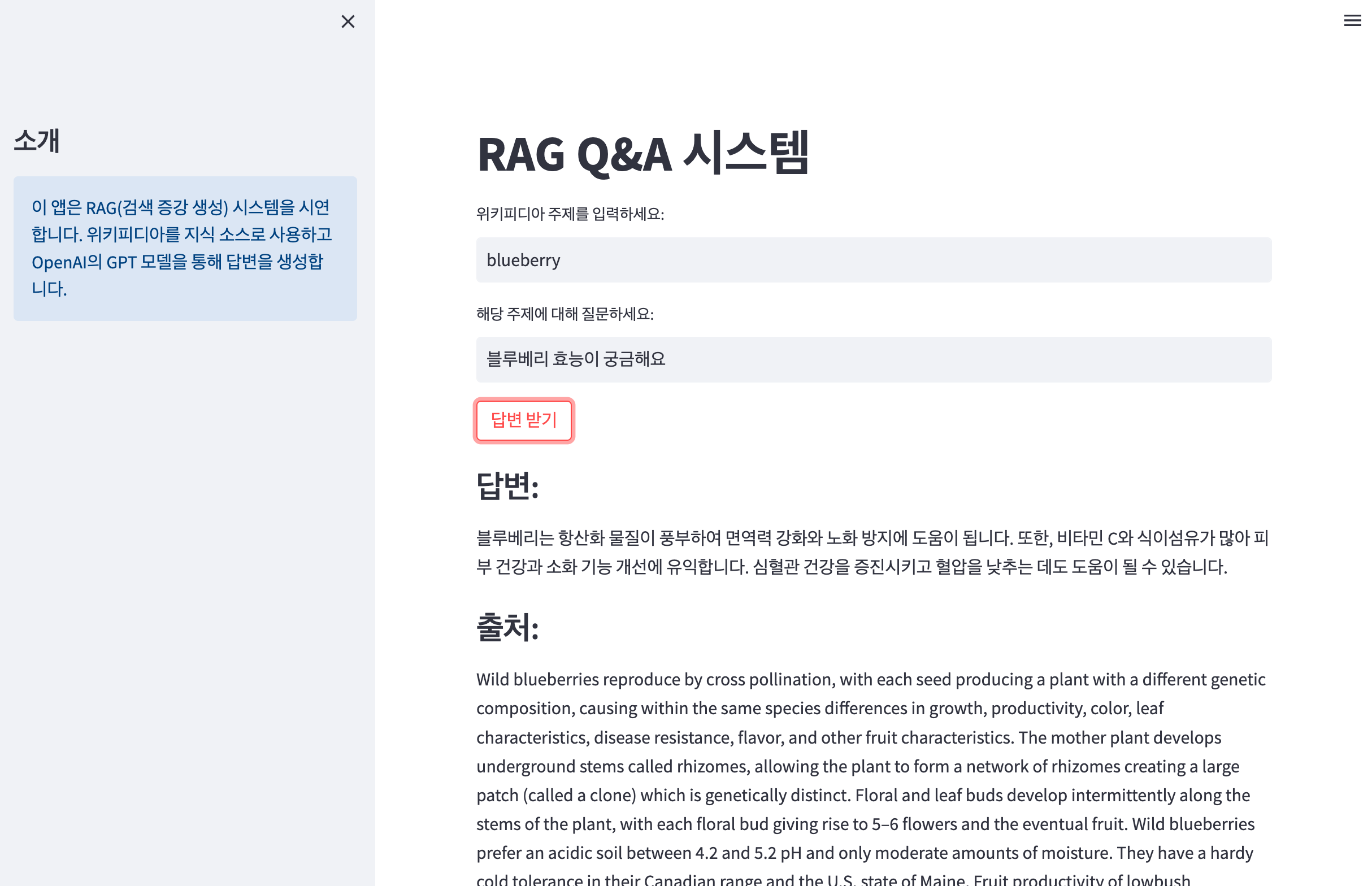 RAG 기반 지능형 Q&amp;A 웹서비스 결과 화면